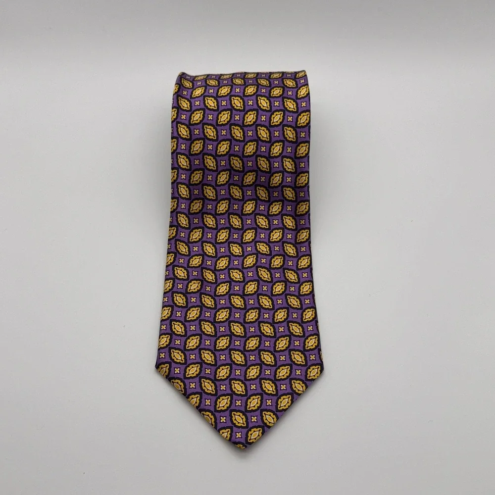 Paco Rabanne Silk Tie Made in Italy Purple Gold Geometric Medallion Designer Tie